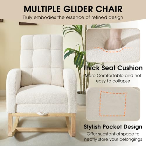 NIOIIKIT Modern Nursery Rocking Chair, Teddy Upholstered Rocking Chair with Footrest, Comfortable Rocker Chair with Side Pocket, Rocker Chair for Living Room, Bedroom, Nursing Room (White) - color: White