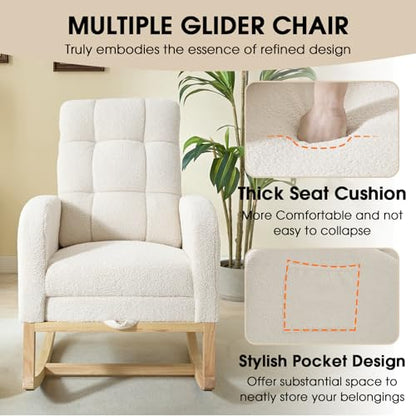 NIOIIKIT Modern Nursery Rocking Chair, Teddy Upholstered Rocking Chair with Footrest, Comfortable Rocker Chair with Side Pocket, Rocker Chair for Living Room, Bedroom, Nursing Room (White) - color: White