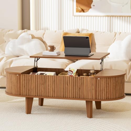 Fluted Oval Lift Top Coffee Table with Storage, 47" Wood Mid Century Modern Coffee Table for Living Room, Walnut - color: Walnut-oval (Flip Top)