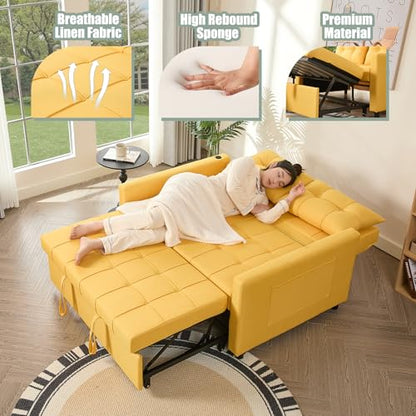 GOSUHI 52" 3-in-1 Convertible Sleeper Sofa Bed, Linen, Yellow | Pull-Out Bed, Stepless Adjustable Backrest, Side Pocket, Compact Loveseat, Living Room, Dorm & Apartment - color: Yellow