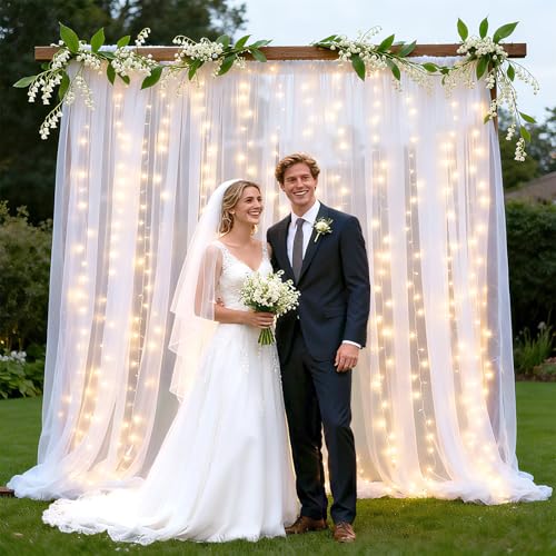 Ledido 10×8ft Beige Tulle Backdrop Curtains with Lights(8 Panels 5×8ft) - color: Beige, size: 40×8ft(8 Panels 5×8ft)