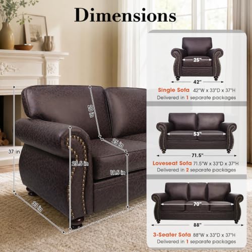 71" W Loveseat Sofa Couch, Faux Leather Fabric Sofas, Brown | Mid-Century Love Seat with Nailhead Trim, Upholstered Couch Set for Living Room Bedroom - color: Brown, size: S-2 seat