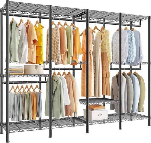 Raybee Heavy Duty Clothes Rack, 1150lbs Capacity, Adjustable | 76" W Freestanding, Steel Structure, 4 Rods & 6 Shelves, Tool-Free Assembly, Sturdy for Closet, Bedroom, Black - color: Black, style: Heavy Duty Clothes Rack
