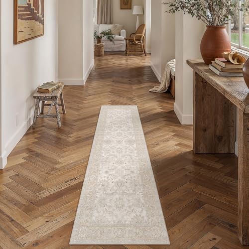 2x6 Beige Neutral Runner Rug | Washable, Non Slip, Low Pile, Soft, Vintage, Floral, Distressed Farmhouse, for Hallway Entryway Kitchen Bathroom Laundry Room - color: Beige, size: 2' x 6' (Runner)