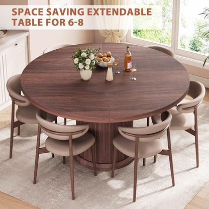 Jocoevol 47″–63″ Extendable Round Dining Table for 4–8 with Dust-Proof 2-Tier Storage Shelf Space Saving Expandable Wood Oval Circle Dinner Furniture with Pedestal Base (Brown) - color: Brown