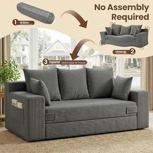 Boneless Couch 70 inch: 3-in-1 Convertible Sofa Bed Futon Couch Bed, Oversized Loveseat Sleeper Sofa with 5 Pillows, Gray Couch for Living Room, Bedroom & Small Space - color: Grey, size: 70 Inch