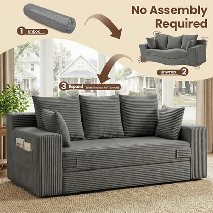 Boneless Couch 70 inch: 3-in-1 Convertible Sofa Bed Futon Couch Bed, Oversized Loveseat Sleeper Sofa with 5 Pillows, Gray Couch for Living Room, Bedroom & Small Space - color: Grey, size: 70 Inch