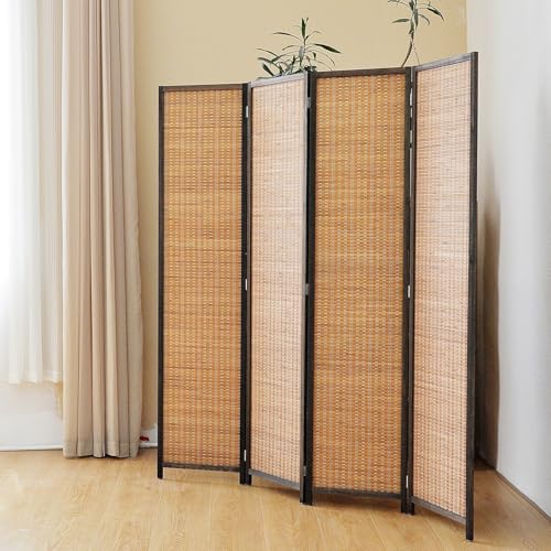 4 Panel Bamboo Room Divider Screen,5.6 FT Tall Bamboo Divider Folding Panel Screen,Freestanding Panel Divider for Room Seperation,Brown - color: Brown, size: 4 Panel