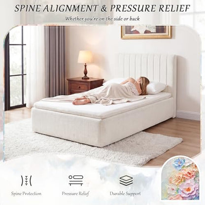 King Compression Bed Boneless Bed Frame with Mattress and Headboard - color: Off White, size: King