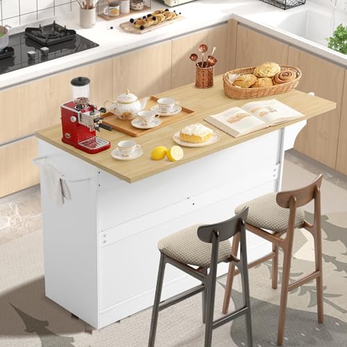 48" Kitchen Island with Trash Can Storage & Drop Leaf on Wheels | Rolling Kitchen Island Table Cart Cabinet with Drawer, Mobile Kitchen Cabinet on Wheels w/Spice Rack, Towel Bar, Hooks - color: White, size: 48"