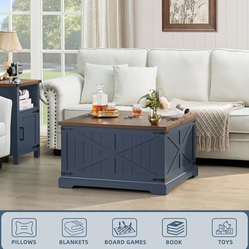 Joaxswe Farmhouse Coffee Table with Large Hidden Storage Compartment, Navy Blue Square Center Table, Wood Rustic Low Modern Living Room Tables with Hinged Lift Brown Top & Wooden Arc Base - color: Blue, style: With Base