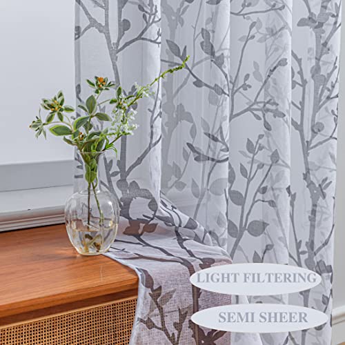 Luvyohmee White Grey Curtains 95 Inch Length 2 Panels Set, Semi Sheer Window Curtain Drapes for Living Room/Bedroom, Gray Tree Branches Patterned Linen Textured Curtains, Grommet Top W52XL95 - color: Grey, size: 52"W x 95"L (Pack of 2)