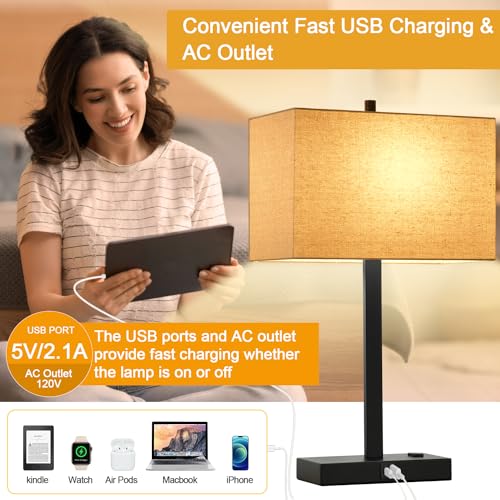 21" Touch Bedside lamps with 2 USB & AC Outlets, 3-Way Dimmable Bedside Table Lamps Set of 2 for Bedroom Living Room Office Reading, Beige Linen Shade Lamps for Night Stands, 2700K LED Bulbs Included - color: (2 Pack)-Beige Linen & Matte Black(Base)-2700K