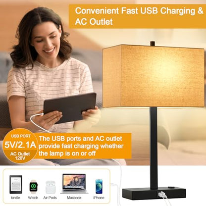 21" Touch Bedside lamps with 2 USB & AC Outlets, 3-Way Dimmable Bedside Table Lamps Set of 2 for Bedroom Living Room Office Reading, Beige Linen Shade Lamps for Night Stands, 2700K LED Bulbs Included - color: (2 Pack)-Beige Linen & Matte Black(Base)-2700K