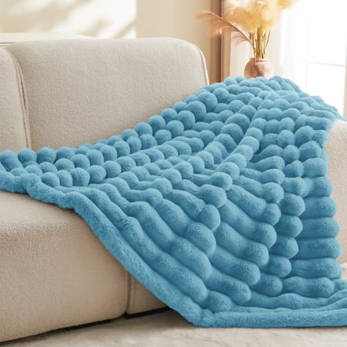 BEDELITE Faux Fur Throw Blanket for Couch, 770GSM, 50" x 60", Light Blue | Soft and Cozy Luxurious 3D Striped Fluffy Blanket, Warm Plush Fuzzy Faux Rabbit Fur for Women Gift, Stylish Room Decor - color: Light Blue, size: Throw(50"x60")