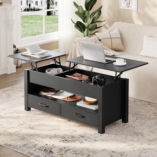 Multifunctional Lift Top Coffee Table, Convertible Wooden Coffee Table with 2 Drawers & Hidden Compartment, Storage Center Table for Living Room Home Office,Black - color: Black