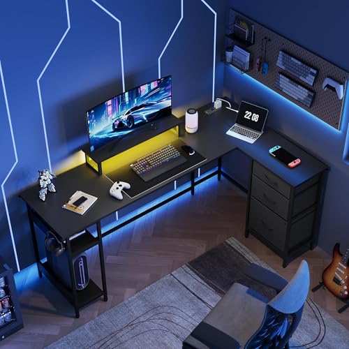 DEVAISE 66 Inch L Shaped Gaming Desk with Drawers and Storage, Corner Desk with LED Lights, Power Outlets, Computer Desk with Monitor Stand, Office Desk for Home, Black - color: Black, size: 66 Inch with Drawers
