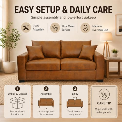 69'' Loveseat Sofa,Modern Fabric 2-Seater Sofa with 2 Pillows(Light Brown) | Small Couches for Living Room, Office,Apartment, Small Spaces,21 in Deep Seat - color: Light Brown