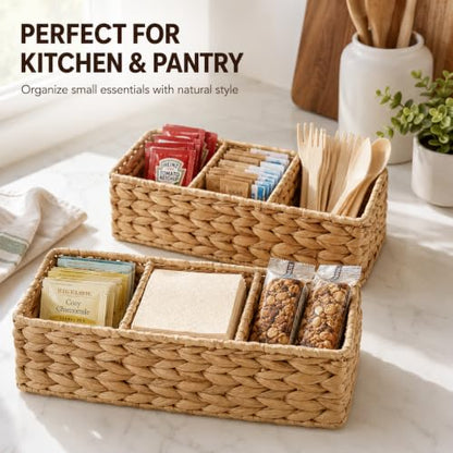 Operitacx Wicker Basket Organizer, 2-Pack with 3 Sections for Countertops | 2 woven-look baskets, three-section layout, for pantry packets, bathroom supplies, desk items and shelf organization needs