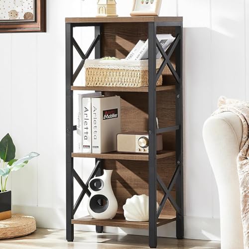 MNEETRUNG Small Bookshelf,4 Tier Industrial Bookcase with Metal Frame and Backboard,Narrow Rustic Brown Book Shelf,Book case for Small Spaces,Living Room,Bedroom and Home Office - color: Brown, size: 4-Tier (15.7"W x 11"D x 39.5"H)