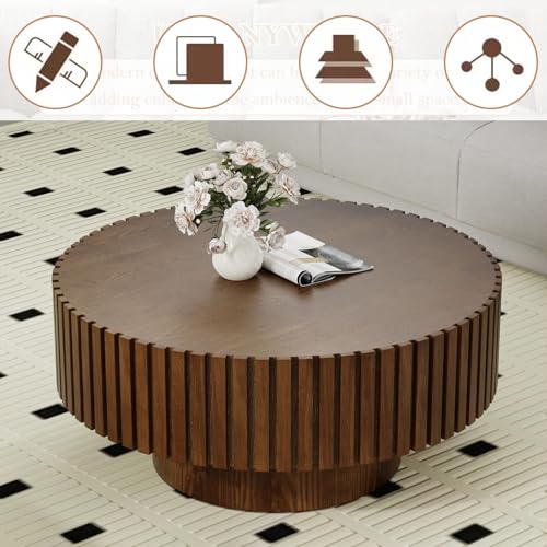 Round Fluted Drum Coffee Table with Pedestal Base | 31.5'' Modern Brown Wooden Drum Center Table, Handcrafted Solid Wood Fluted Edge, For Living Room & Apartment - color: Round Brown