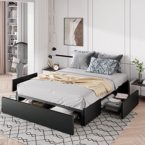 Allewie Full Size Platform Storage Bed Frame with 3 Drawers, Black | Faux Leather Upholstered, Wooden Slats Support, No Box Spring Needed, Noise Free, Easy Assembly - color: Black Leather, size: Full