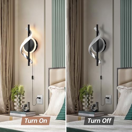 Black Plug in Wall Sconces Sets of 2, 12W Modern Spiral LED Wall Lamp, 3000K Warm White Wall Light Fixture for Stairs Living Room Bedroom Aisle Hallway - color: Black-Warm White