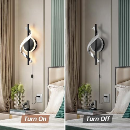 Black Plug in Wall Sconces Sets of 2, 12W Modern Spiral LED Wall Lamp, 3000K Warm White Wall Light Fixture for Stairs Living Room Bedroom Aisle Hallway - color: Black-Warm White