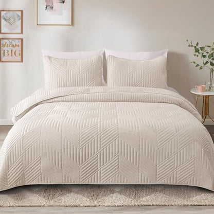 Exclusivo Mezcla Ultrasonic Twin Quilt Bedding Set, Brich Beige | Lightweight Bedspreads, Soft Microfiber, Modern Geometric Coverlet, All Season Bed Cover, 1 Quilt and 1 Pillow Sham - color: Brich Beige, size: Twin (68"x88")