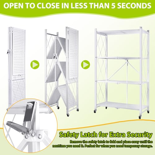 4-Tier Foldable Storage Shelf with Wheels, Metal Collapsible Shelving Unit, Heavy-Duty Rolling Cart for Kitchen Pantry Garage Office, Pre-Assembled Organizer Rack – White - size: 4-Tier White