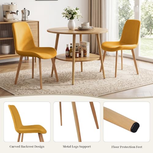 HIPIHOM Dining Chairs Set of 4, Mid-Century Modern Fabric Kitchen Chairs | Curved Backrest for Comfort, High-Density Sponge Padded Seat, Heat and Stain Resistant Surface, Sturdy Wood-Grain Metal Legs - color: Yellow Chairs Set of 4