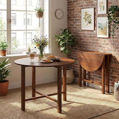 SIMOE Round Drop Leaf Dining Table for 2-4 People, 36” Folding Kitchen Table with Solid Wood Legs, Farmhouse Extendable Table for Dining Room, Living Room, Restaurant (Round, Walnut)