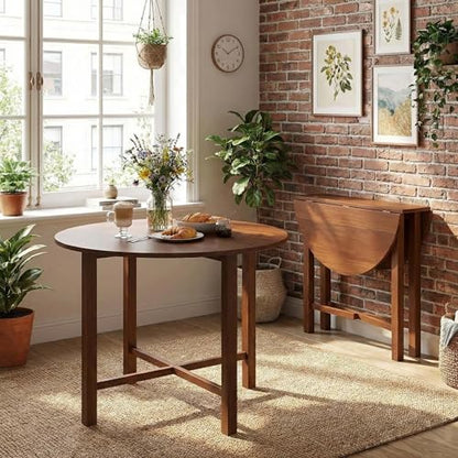 SIMOE Round Drop Leaf Dining Table for 2-4 People, 36” Folding Kitchen Table with Solid Wood Legs, Farmhouse Extendable Table for Dining Room, Living Room, Restaurant (Round, Walnut)