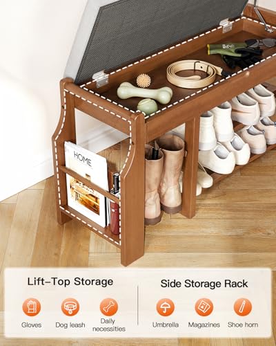 Pipishell 34" Pine Wood Shoe Bench Entryway with Soft Cushion and Storage | Lift-top storage, side holder, 440 lbs weight capacity, sturdy and durable, EPA & CARB-certified, holds 7 pairs, for entryway - size: 33.6 Inch