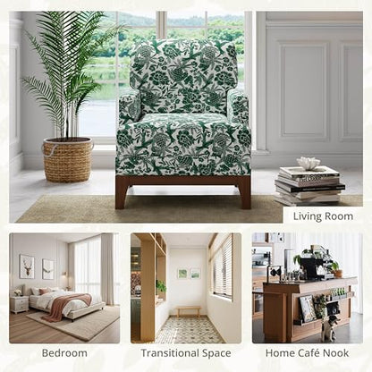 Floral Accent Chair, Upholstered Armchair with Solid Legs, Comfy Reading Single Sofa with Spring-Padded Cushion for Bedroom, Green - size: Wide Seat