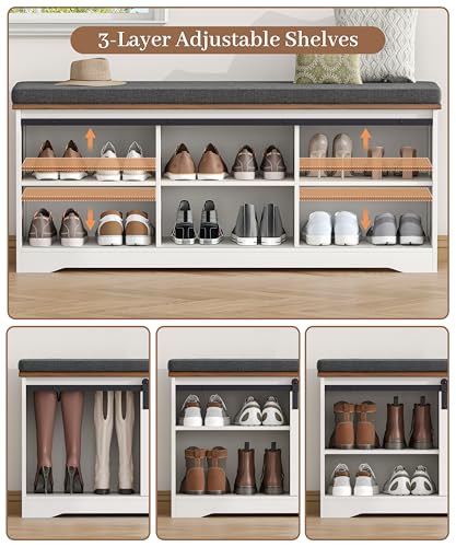 Farmhouse Shoe Storage Bench, Shoe Bench with Slide Barn Doors | 47.2" Entryway Bench with Cushion and Adjustable Shelves, for Bedroom, Closet, Living Room, Hallway, White