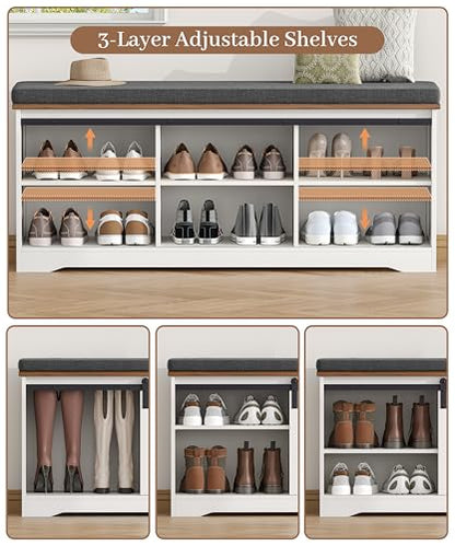 Farmhouse Shoe Storage Bench, Shoe Bench with Slide Barn Doors | 47.2" Entryway Bench with Cushion and Adjustable Shelves, for Bedroom, Closet, Living Room, Hallway, White