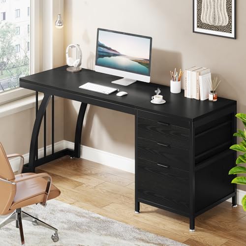 Tribesigns Computer Desk with 3 Drawers, 59-Inch PC Desk with Reversible Drawers, Industrial Study Writing Table Workstation with File Storage for Home Office (Black) - color: Black