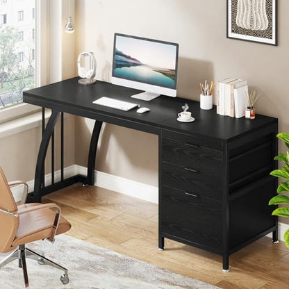 Tribesigns Computer Desk with 3 Drawers, 59-Inch PC Desk with Reversible Drawers, Industrial Study Writing Table Workstation with File Storage for Home Office (Black) - color: Black