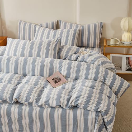 Blue Striped Duvet Cover Set Twin, 100% Washed Cotton Chic Stripes Pattern Printed Bedding Set Twin, 3 Pieces Soft Breathable Duvet Cover Farmhouse Retro Striped Comforter Cover with Zipper Closure - color: 08# Blue Striped, size: Twin(68"x86")