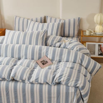 Blue Striped Duvet Cover Set Twin, 100% Washed Cotton Chic Stripes Pattern Printed Bedding Set Twin, 3 Pieces Soft Breathable Duvet Cover Farmhouse Retro Striped Comforter Cover with Zipper Closure - color: 08# Blue Striped, size: Twin(68"x86")