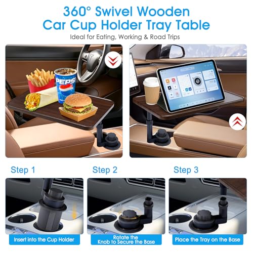 Car Desk for Laptop, 360° Swivel, Height Adjustable Wood-Grain Tray | Tool-free install, fits 2.8"-3.9" cup holders. Scratch-resistant wood-grain finish. For laptop work, dining, or passenger use
