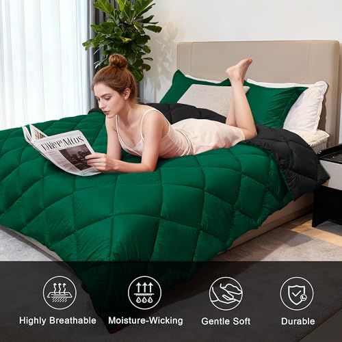 Queen Size Comforter Set, Reversible 3 Pieces Lightweight Soft Bedding Set for All Season, Premium Bed in a Bag Includes 1 Comforter (90"x90") and 2 Pillowcase (20"x26") - color: Green-3pcs Comforter Set, size: Queen
