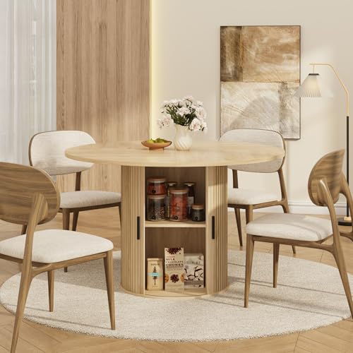 IDEALHOUSE 47 Inch Round Dining Table for 4, Natural Oak | With 2-Tier Shelf and Wood Slide Door, Pedestal Dinner Table Space Saving, T-Shape Base, Dining Room, Natural Oak Finish - color: Natural Oak