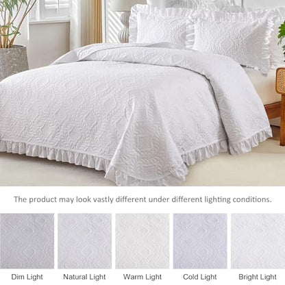 DJY Queen Size Quilt Sets, White Bedspreads, Ruffled Bedding Set | Lightweight Modern Pattern Coverlets, Bed Cover for All Seasons, 96''x90''- 3 Piece (1 Quilt, 2 Pillow Shams) - color: White, size: Queen