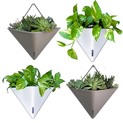 LaLaGreen Wall Planter (12in, 4 Pack) Large Indoor Self Watering Flower Pot | White and Gray Mixed Color Geometric Vertical Garden Plant Wall Hanging Vase Vessel with Black Metal Hanger Modern Stylish - color: White X 2 Pack & Gray X 2 Pack