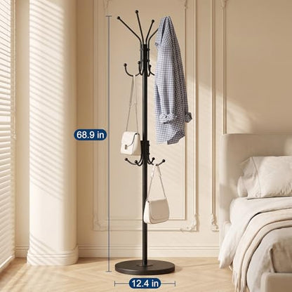 Freestanding Coat Rack with 12 Hooks,Modern Coat Stand with Wood Base for Entryway, Bedroom, Office, 3 Adjustable Height Coats Hanger Stand for Coats, Hats, Handbags and Scarves, Black