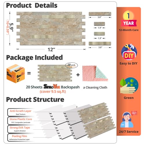 StyloVue 20 Sheets Peel and Stick Backsplash for Kitchen, Sandstone with Metal Gold Look Stick on Tile Upgrade Your Kitchen Backsplash, RV, Fireplace - color: Sandstone With Metal Gold