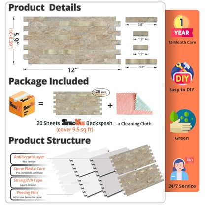 StyloVue 20 Sheets Peel and Stick Backsplash for Kitchen, Sandstone with Metal Gold Look Stick on Tile Upgrade Your Kitchen Backsplash, RV, Fireplace - color: Sandstone With Metal Gold