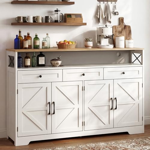 Lahomie Sideboard Buffet Cabinet with Storage, 55" Kitchen Buffet Cabinet with Charging Station, Farmhouse Coffee Bar Station with Drawers and Doors, Credenza for Kitchen Living Room Entryway, White - color: White, size: 55"W